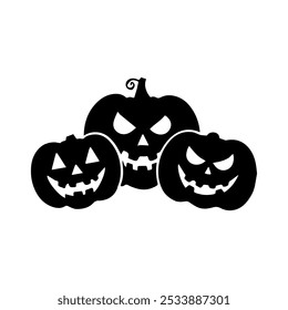  A group of three black and white icons depicting classic jack-o'-lanterns with carved faces featuring varying expressions, including a wide grin, a more sinister smile, and a narrowed, menacing look.