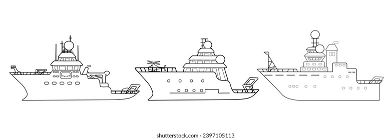 Group of three black white isolated research vessels. Each vessel poised for scientific discovery with specialized equipment on white background