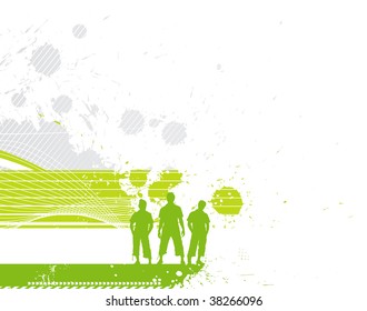 group of three boy in abstract grunge wave line background, vector illustration