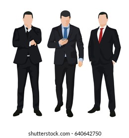 Group of three business men, isolated vector illustrations. Set of people in dark suits