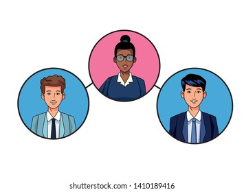 group of three business people afroamerican with bun and glasses and man smiling avatar cartoon character profile picture in round icon vector illustration graphic design