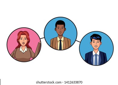 group of three business people afroamerican and man smiling avatar cartoon character profile picture in round icon vector illustration graphic design