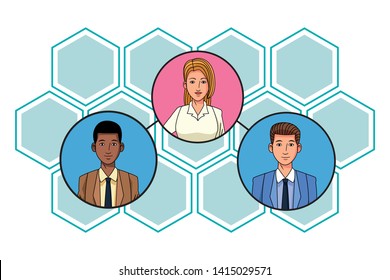group of three business people afroamerican avatar cartoon character profile picture in round icon with honeycomb pattern background