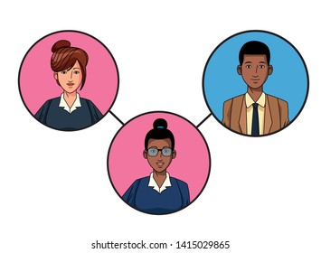 group of three business people afroamerican with bun and glasses and woman with bun avatar cartoon character profile picture in round icon vector illustration graphic design