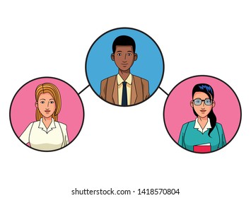 group of three business people afroamerican and woman with glasses avatar cartoon character profile picture in round icon vector illustration graphic design