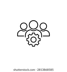 Group of three business people behind a large gear representing team management, workforce coordination and corporate operations