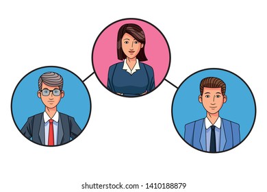 group of three business people man with glasses and woman with short hair avatar cartoon character profile picture in round icon vector illustration graphic design