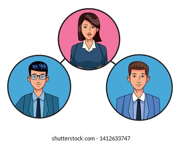 group of three business people man with glasses and woman with short hair avatar cartoon character profile picture in round icon vector illustration graphic design