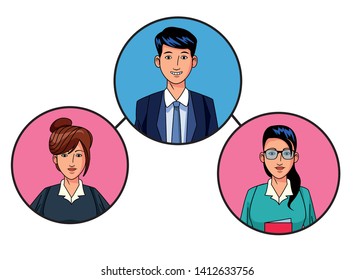 group of three business people man smiling and woman with bun and woman with glasses avatar cartoon character profile picture in round icon vector illustration graphic design.