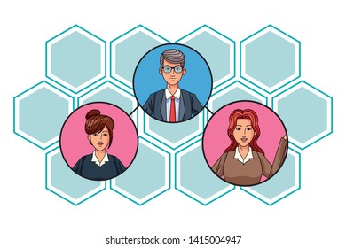 group of three business people man with glasses and woman with bun avatar cartoon character profile picture in round icon with honeycomb pattern background