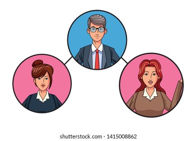 group of three business people man with glasses and woman with bun avatar cartoon character profile picture in round icon vector illustration graphic design