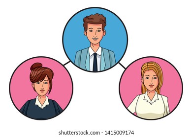 group of three business people man smiling and woman with bun avatar cartoon character profile picture in round icon vector illustration graphic design