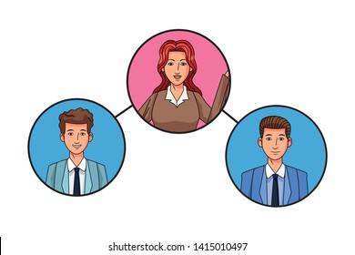 group of three business people man smiling avatar cartoon character profile picture in round icon vector illustration graphic design