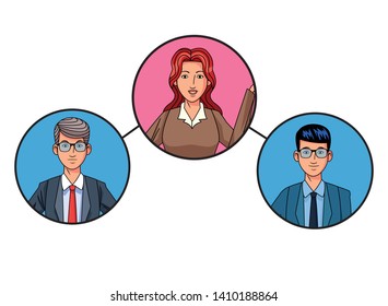 group of three business people men with glasses avatar cartoon character profile picture in round icon vector illustration graphic design