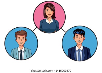 group of three business people men smiling and woman with short hair avatar cartoon character profile picture in round icon vector illustration graphic design