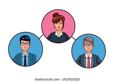 group of three business people men with glasses and woman with bun avatar cartoon character profile picture in round icon vector illustration graphic design