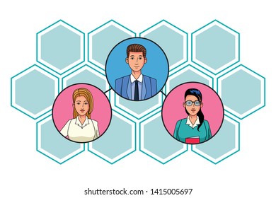 group of three business people woman with glasses avatar cartoon character profile picture in round icon with honeycomb pattern background