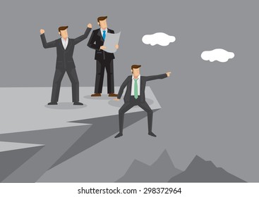 Group of three business professionals at cliff edge discussing about future development in excitement. Creative vector illustration on business vision and planning.