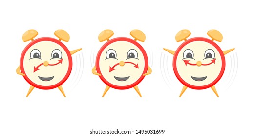 A group of three cartoon alarm clocks do morning exercises. Vector illustration on a white background.