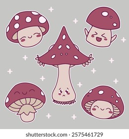 A group of three cartoon mushrooms, each with a red cap and white dots, drawn in a cohesive, minimalist style