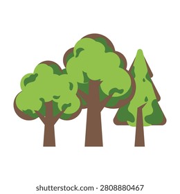 A group of three cartoon trees with lush green leaves and brown trunks standing together
