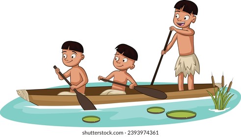 Group of three cartoon young native Indians on a canoe. Indians paddling a wooden canoe.
