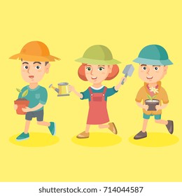 Group of three caucasian children walking with plant in pot, gardening shovel, watering can and flower. Happy children are going to plant flowers. Vector sketch cartoon illustration. Square layout.
