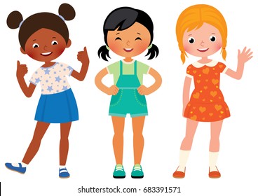 Group three children girlfriends of different nationalities African American Asian and Caucasian vector cartoon illustration