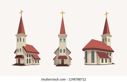 group of three churches with golden cross on the top perspective views, religion architecture vector isolated illustration