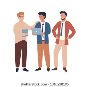 A group of three colleagues in suits discuss work together. Employees solve roject issues. Workflow. Managers perform tasks. Businessmen present a business plan. Colorful Flat Vector Illustration