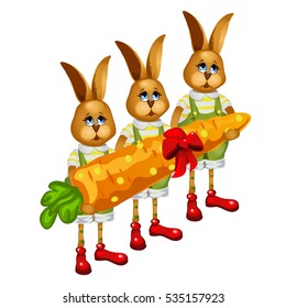The group of three cute Easter Bunny holding large ripe carrot tied with a ribbon bow isolated on a white background. Sketch for greeting card, festive poster, party invitations. Vector illustration