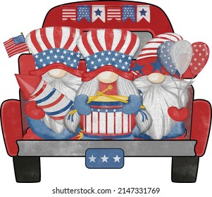 Group of three cute Gnomes with Truck  independence day Digital painting watercolor