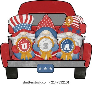 Group of three cute Gnomes with Truck  independence day Digital painting watercolor