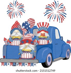 Group of three cute Gnomes with Truck  independence day Digital painting watercolor