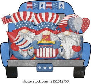 Group of three cute Gnomes with Truck  independence day Digital painting watercolor