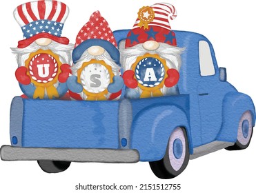 Group of three cute Gnomes with Truck  independence day Digital painting watercolor