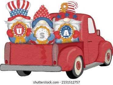 Group of three cute Gnomes with Truck  independence day Digital painting watercolor