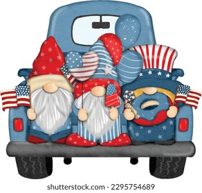 Group of three cute Gnomes with Truck independence day Digital painting watercolor