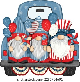 Group of three cute Gnomes with Truck independence day Digital painting watercolor