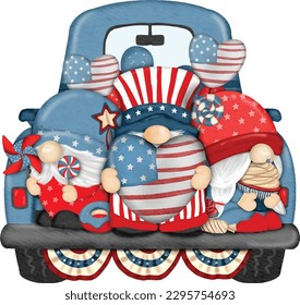 Group of three cute Gnomes with Truck independence day Digital painting watercolor