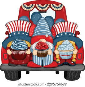 Group of three cute Gnomes with Truck independence day Digital painting watercolor