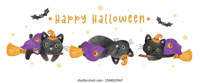 group of three cute Halloween black cat wear witch hat on flying broom pass moon phase and bats watercolor cartoon illustration vector 