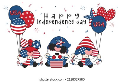 group of three cute happy 4th of July America independence Gnomes celebrating , cute fun cartoon drawing vector banner.