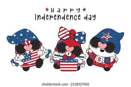 group of three cute happy America rock star gnomes celebrate independence day, cute fun cartoon drawing vector banner.