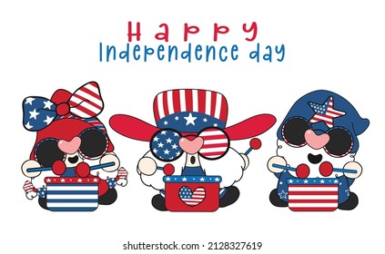 group of three cute happy America rock star gnomes celebrate independence day, cute fun cartoon drawing vector banner.