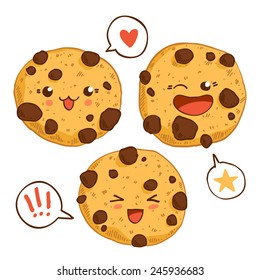 Group of three cute kawaii cookies with chocolate chips. Good for t-shirt design.