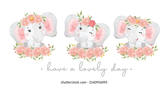 group three cute sweet baby elephant pink girl adorable smile sitting flowers bouquets  watercolor animal nursery cartoon han drawn illustration 