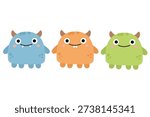 Group of Three Cute Tiny Little Monsters Flat Vector Illustration