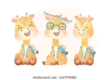 group of three cute watercolor happy kid giraffe with school backpack, back to school cartoon childhood animal wildlife watercolor vector