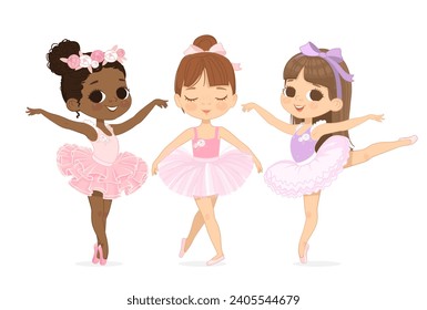 A group of three dancing girls. Set Of Three Ballerinas . An African American child wears a pink tutu dress and practices in dance pointe shoes. Caucasian ballet girl cartoon illustration.